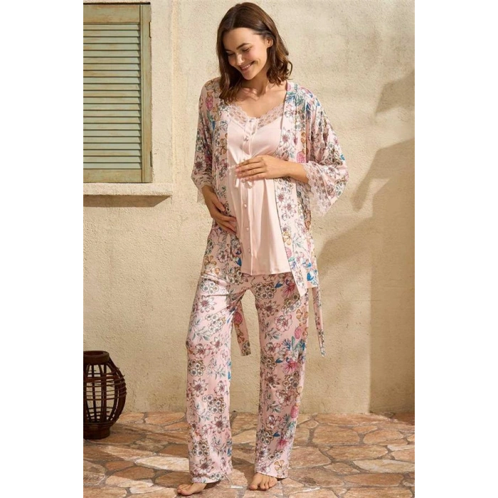 VipMarketim İp Askılı V Yaka Kadın Çiçek Desenli Yazlık Dantel Detaylı Hamile Pijama Takımı Sabahlık Anıl (Kod:5773)