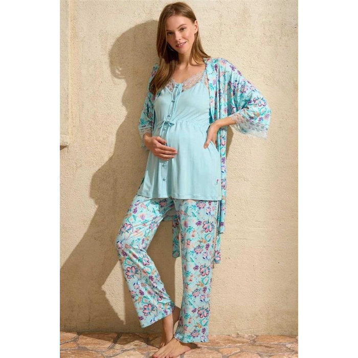 Vipmarketim İp Askılı V Yaka Kadın Çiçek Desenli Yazlık Dantel Detaylı Hamile Pijama Takımı Sabahlık Anıl (kod:5775)