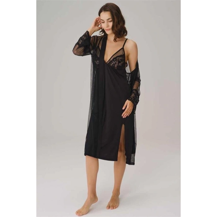 Vipmarketim İp Askılı V Yaka Kadın Düz Yazlık Uzun Dantel Detaylı Elbise Sabahlık Anıl (kod:5781)