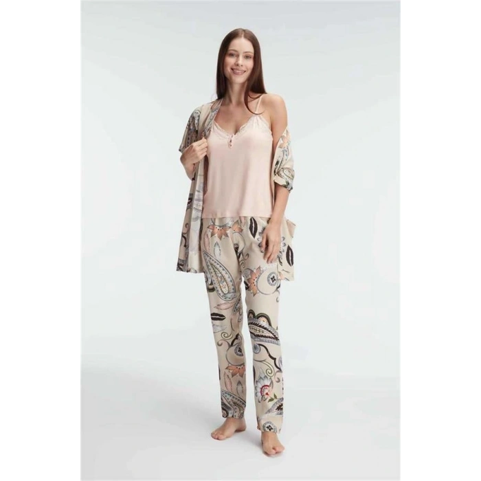 Vipmarketim İp Askılı V Yaka Viskon Çiçek Desenli Yazlık Dantel Detaylı Pijama Sabahlık Takımı