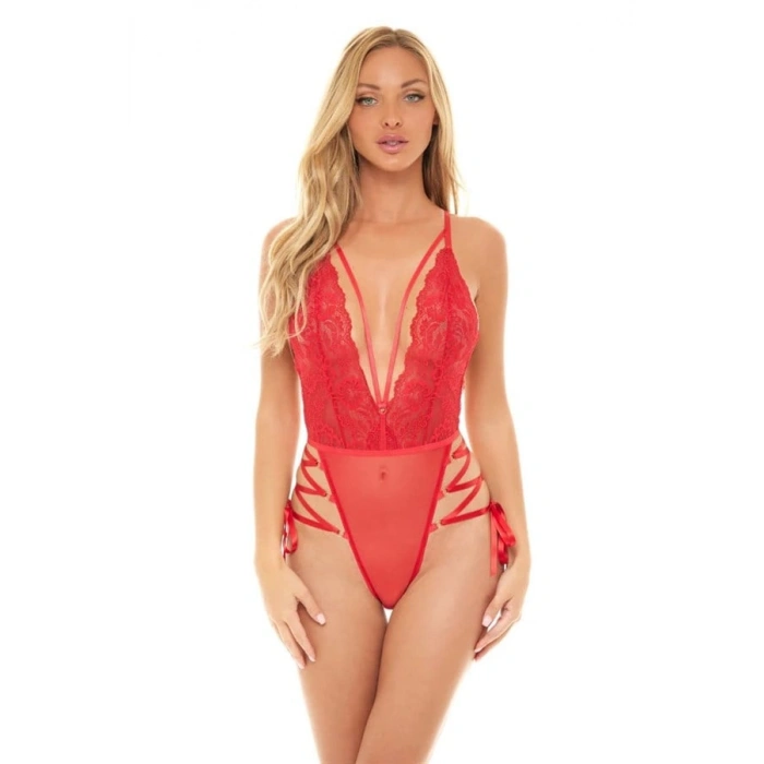 VipMarketim İp Detaylı Dantelli Kırmızı Transparan Fantezi Body