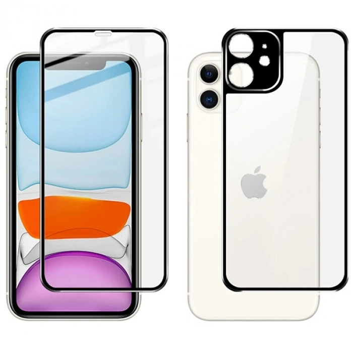 VipMarketim İPhone 11 6.1 Metal Çerçeve Ön Arka 3D Full Tempered Cam Koruyucu-(5775)