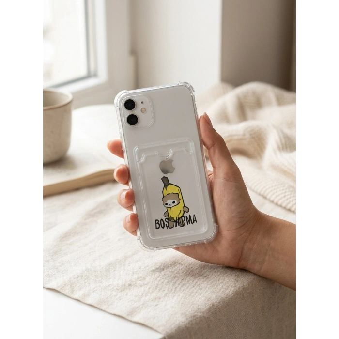 VipMarketim iPhone 11 Boş Yapma Muz Detaylı Kart Bölmeli Şeffaf Telefon Kılıfı