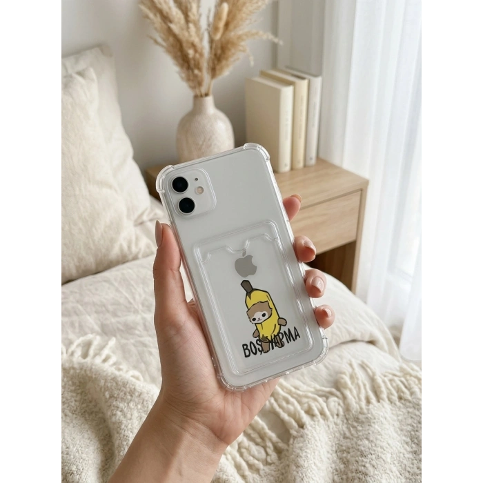 VipMarketim iPhone 11 Boş Yapma Muz Detaylı Kart Bölmeli Şeffaf Telefon Kılıfı