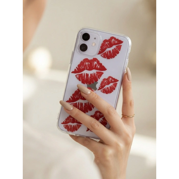 VipMarketim iPhone 11 Kırmızı Dudak / Öpücük Desenli Şeffaf Telefon Kılıfı
