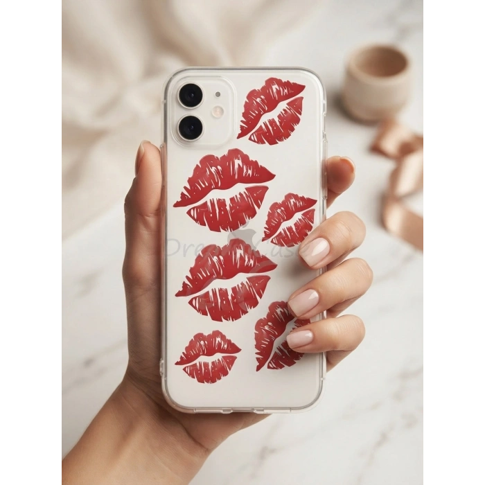 VipMarketim iPhone 11 Kırmızı Dudak / Öpücük Desenli Şeffaf Telefon Kılıfı