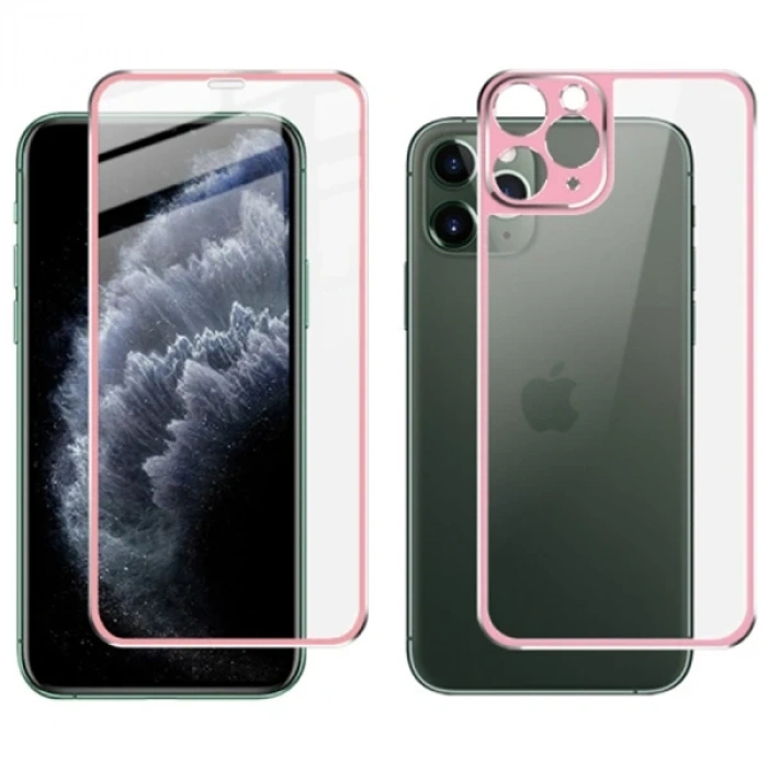 VipMarketim İPhone 11 Pro Max Metal Çerçeve Ön Arka 3D Full Tempered Cam Koruyucu-(5775)
