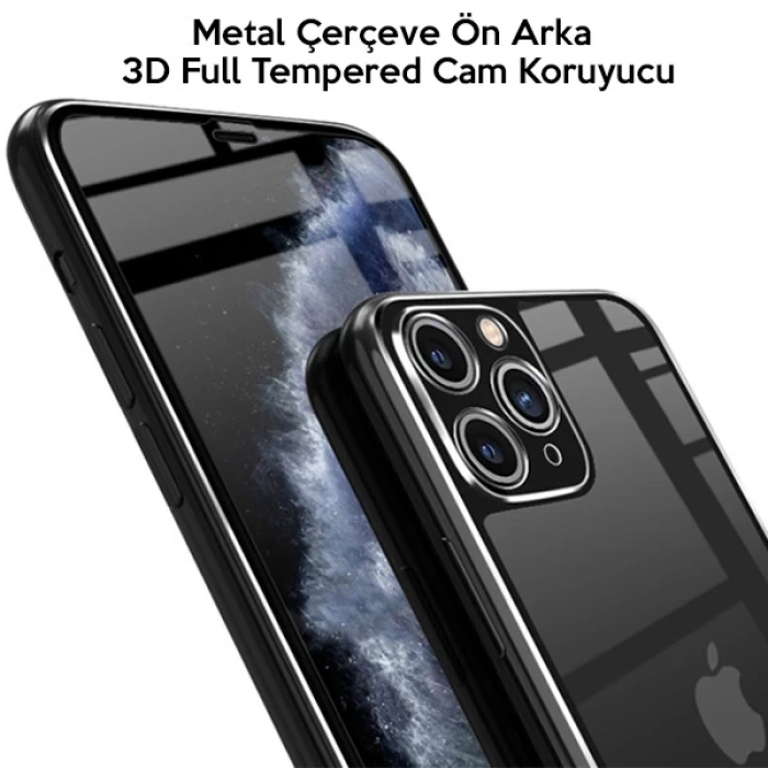 VipMarketim İPhone 11 Pro Metal Çerçeve Ön Arka 3D Full Tempered Cam Koruyucu-(5775)