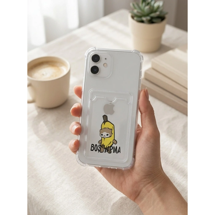 VipMarketim iPhone 12 Boş Yapma Muz Detaylı Kart Bölmeli Şeffaf Telefon Kılıfı