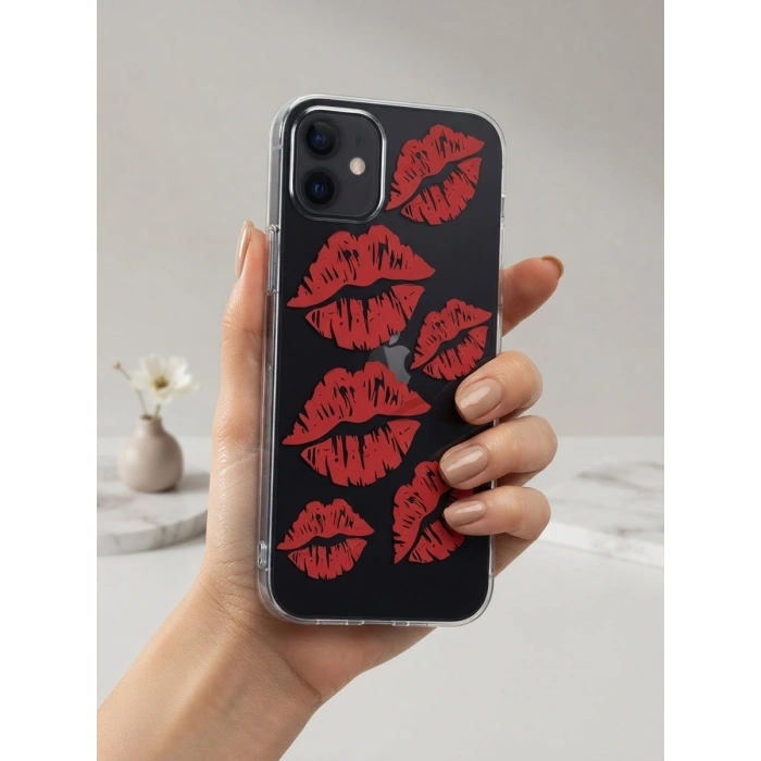 VipMarketim iPhone 12 Kırmızı Dudak / Öpücük Desenli Şeffaf Telefon Kılıfı