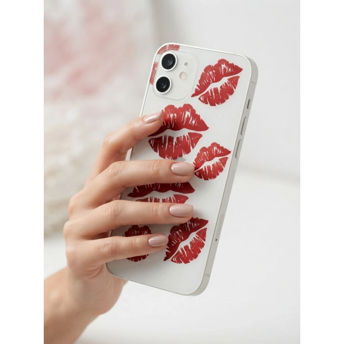 VipMarketim iPhone 12 Kırmızı Dudak / Öpücük Desenli Şeffaf Telefon Kılıfı