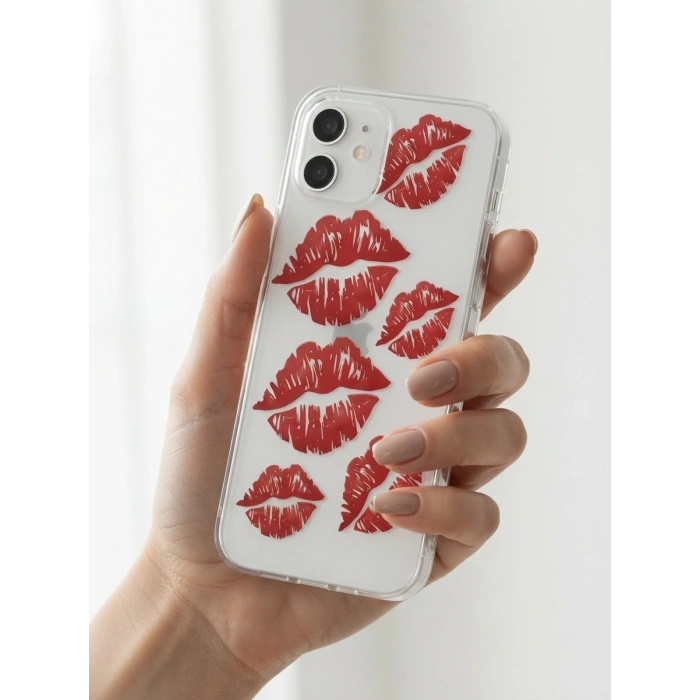 VipMarketim iPhone 12 Kırmızı Dudak / Öpücük Desenli Şeffaf Telefon Kılıfı
