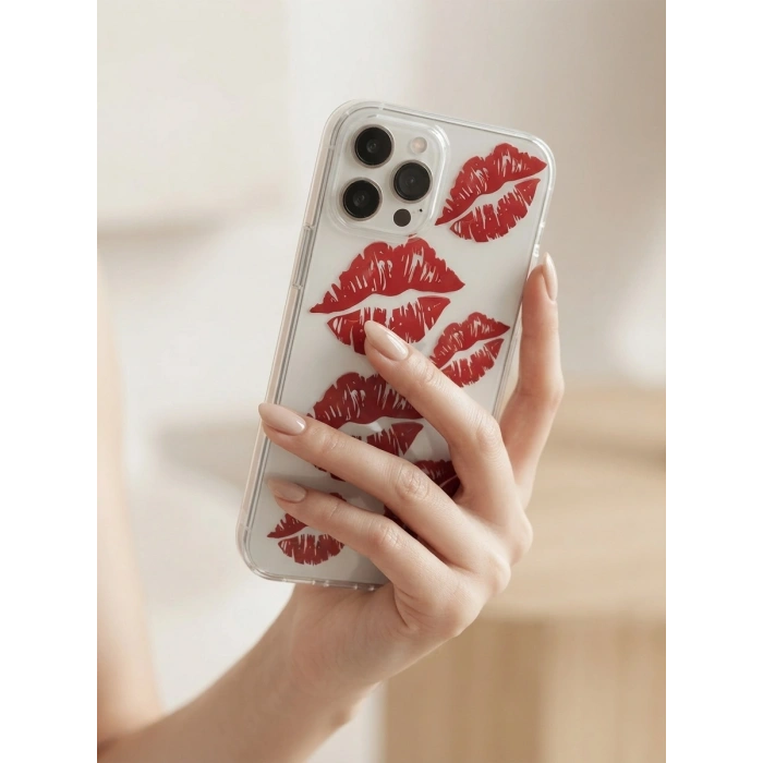 VipMarketim iPhone 13 Pro Max Kırmızı Dudak / Öpücük Desenli Şeffaf Telefon Kılıfı