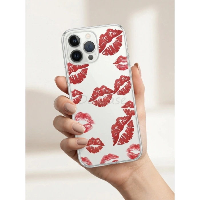 VipMarketim iPhone 13 Pro Max Kırmızı Dudak / Öpücük Desenli Şeffaf Telefon Kılıfı