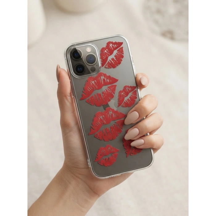 VipMarketim iPhone 13 Pro Max Kırmızı Dudak / Öpücük Desenli Şeffaf Telefon Kılıfı