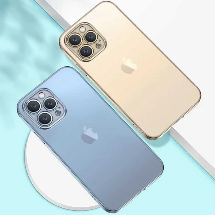 VipMarketim iPhone 13 Pro Max Renkli Kenar Şeffaf Kılıf Kamera Korumalı Silikon Kılıf-(5775)