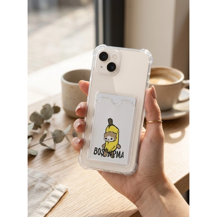 VipMarketim iPhone 14 Boş Yapma Muz Detaylı Kart Bölmeli Şeffaf Telefon Kılıfı