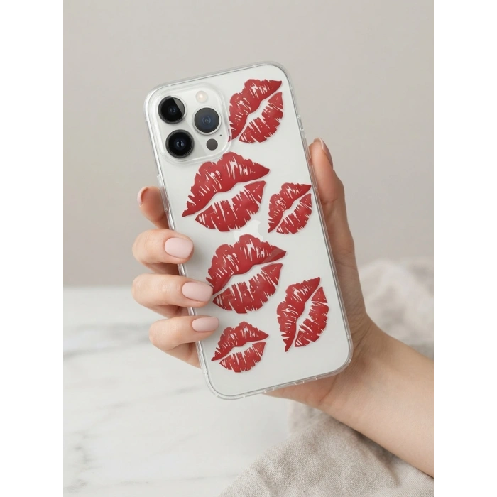 VipMarketim iPhone 14 Pro Max Kırmızı Dudak / Öpücük Desenli Şeffaf Telefon Kılıfı