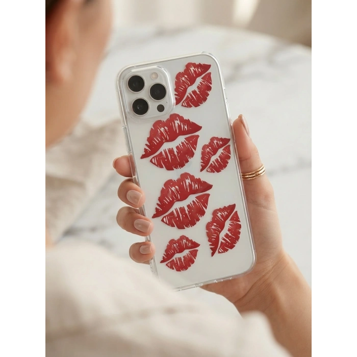 VipMarketim iPhone 14 Pro Max Kırmızı Dudak / Öpücük Desenli Şeffaf Telefon Kılıfı