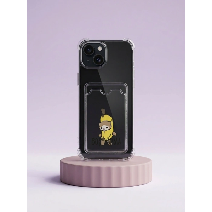 VipMarketim iPhone 15 Boş Yapma Muz Detaylı Kart Bölmeli Şeffaf Telefon Kılıfı
