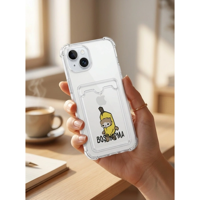 VipMarketim iPhone 15 Boş Yapma Muz Detaylı Kart Bölmeli Şeffaf Telefon Kılıfı