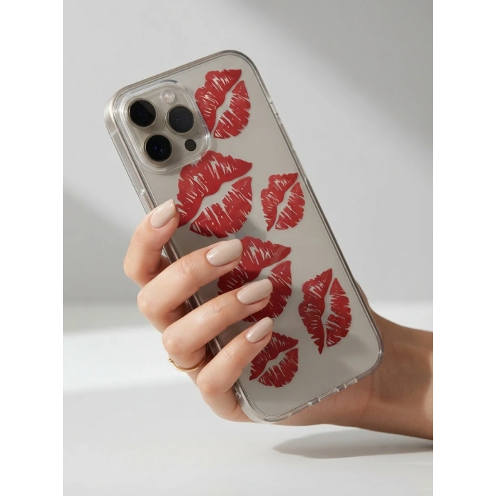 VipMarketim iPhone 15 Pro Max Kırmızı Dudak / Öpücük Desenli Şeffaf Telefon Kılıfı