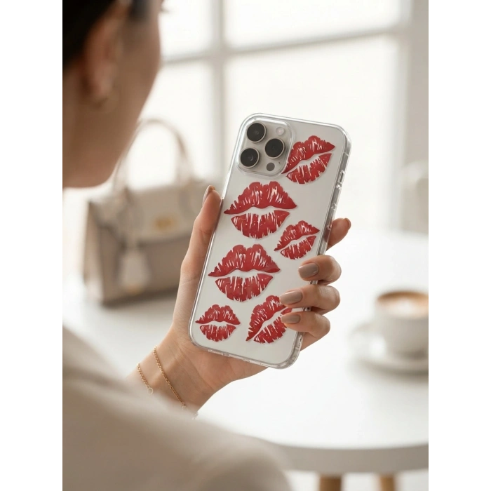 VipMarketim iPhone 15 Pro Max Kırmızı Dudak / Öpücük Desenli Şeffaf Telefon Kılıfı