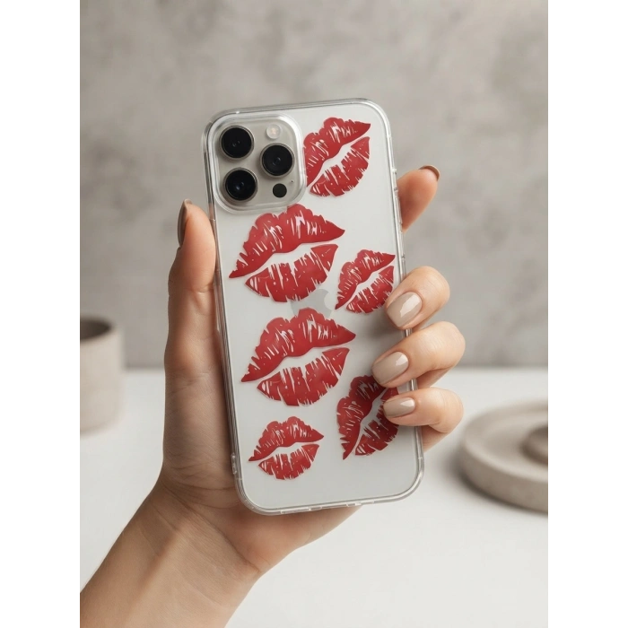 VipMarketim iPhone 15 Pro Max Kırmızı Dudak / Öpücük Desenli Şeffaf Telefon Kılıfı