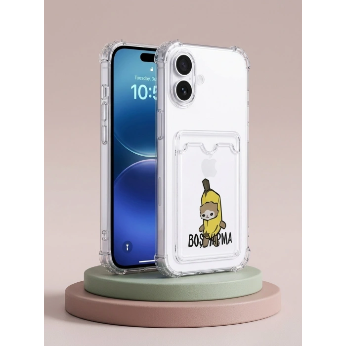 VipMarketim iPhone 16 Boş Yapma Muz Detaylı Kart Bölmeli Şeffaf Telefon Kılıfı