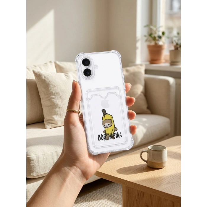 VipMarketim iPhone 16 Boş Yapma Muz Detaylı Kart Bölmeli Şeffaf Telefon Kılıfı
