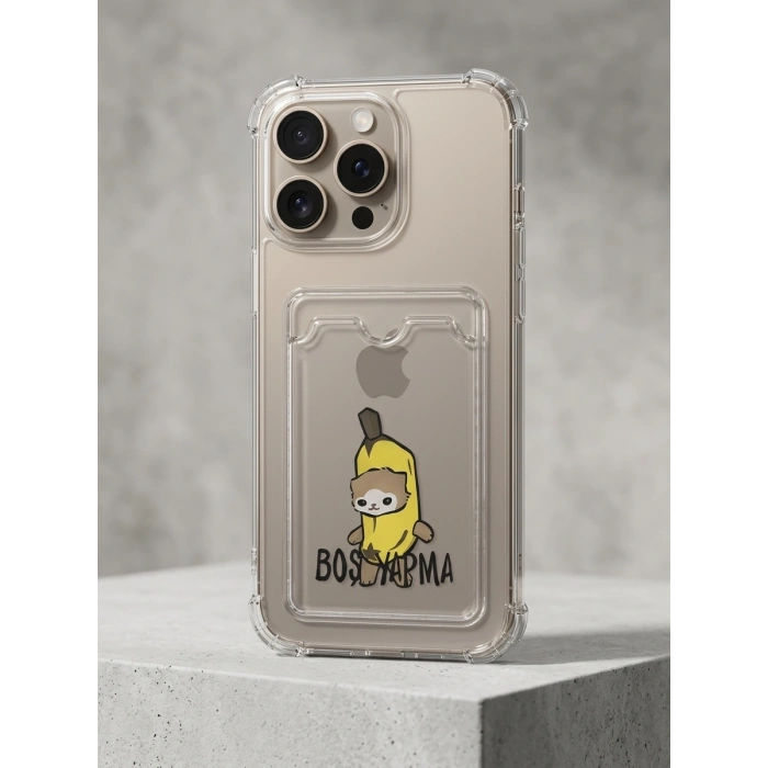 VipMarketim iPhone 16 Pro Max Boş Yapma Muz Detaylı Kart Bölmeli Şeffaf Telefon Kılıfı