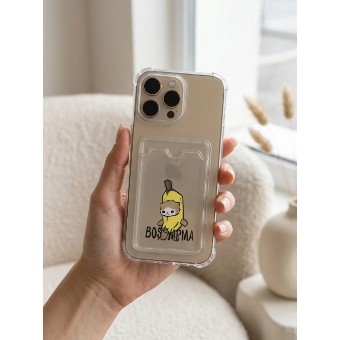 VipMarketim iPhone 16 Pro Max Boş Yapma Muz Detaylı Kart Bölmeli Şeffaf Telefon Kılıfı