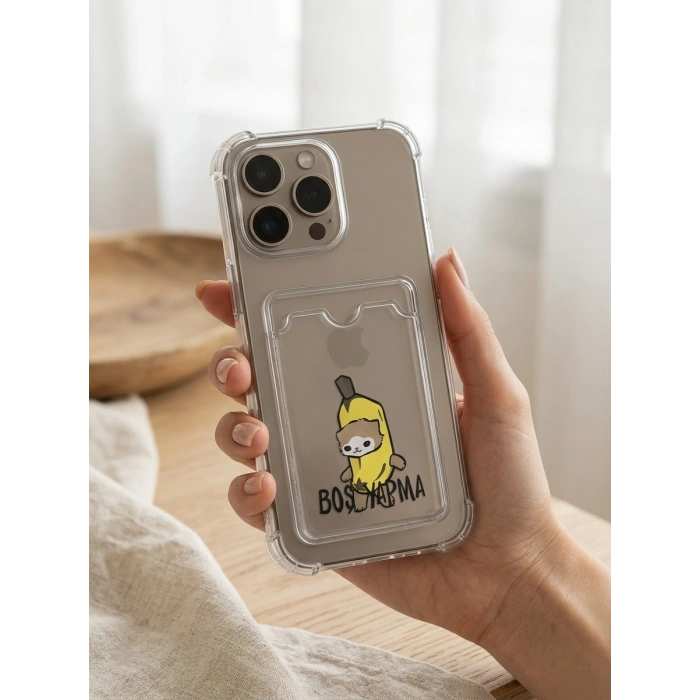 VipMarketim iPhone 16 Pro Max Boş Yapma Muz Detaylı Kart Bölmeli Şeffaf Telefon Kılıfı