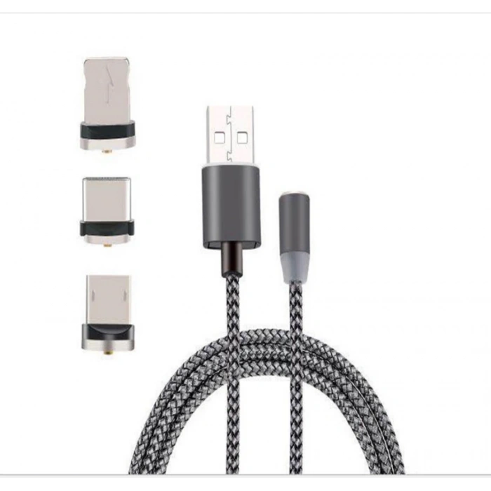 VipMarketim İphone Type-C Android 3 Yuvarlak Başlık Manyetik Şarj Usb Kablosu-(5775)