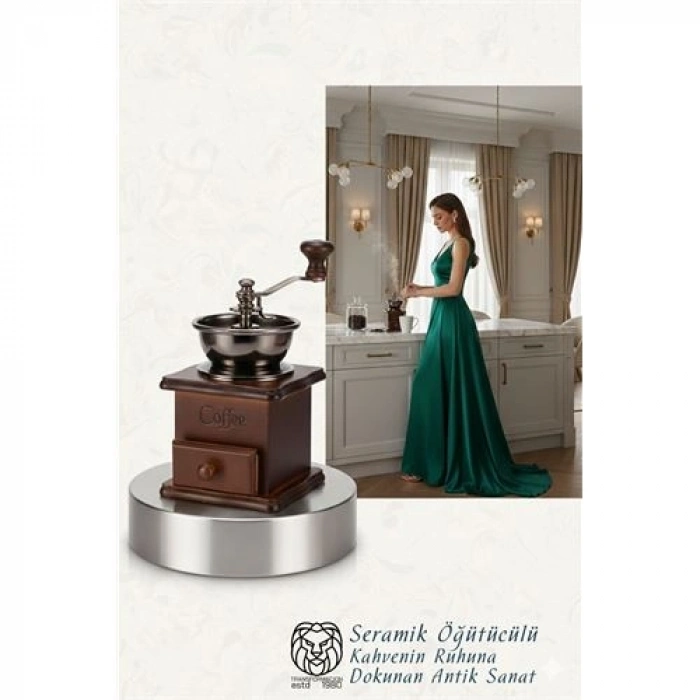 VipMarketim Isabella Serisi Seramik Öğütücülü Antik Ahşap Manuel Kahve Değirmeni