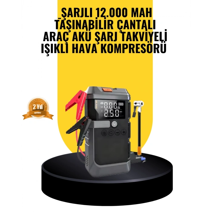VipMarketim Işıklı Hava Kompresörlü Taşınabilir Akü Takviye Ünitesi