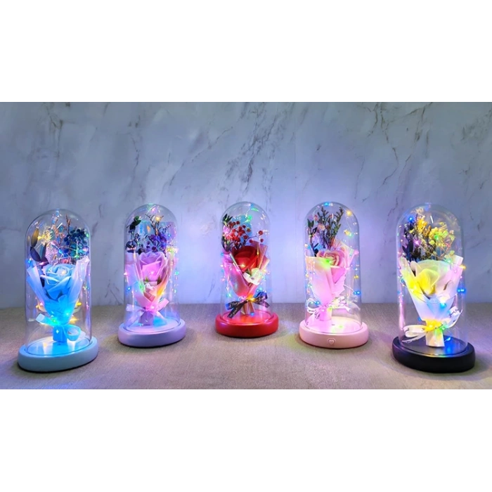 VipMarketim Işıklı Müzikli Cam Fanus İçinde Lavantalı Romantik Gül