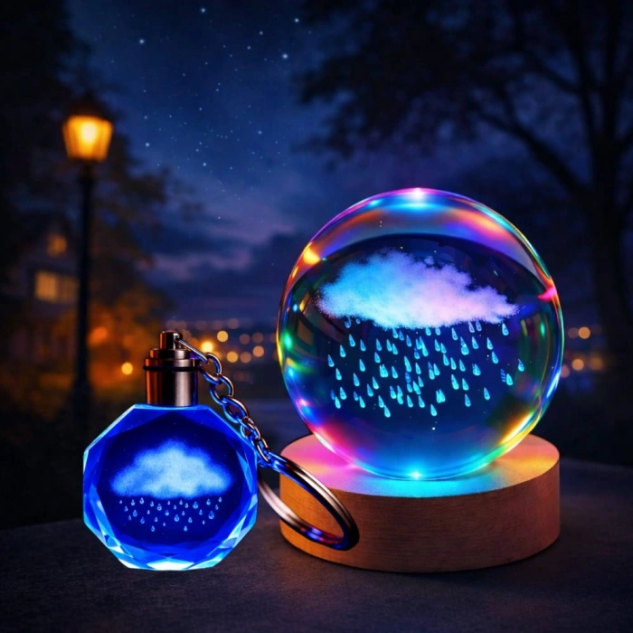 VipMarketim Işıklı Yağmur Bulutu Tasarımlı Cam Küre Ve Kristal Anahtarlık Hediye Seti