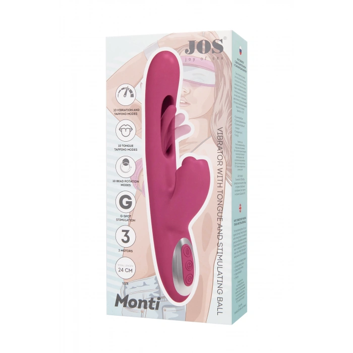 VipMarketim JOS Monti Hareketli Dilli ve Titreşimli Top Başlıklı Vibratör, Silikon, Pembe, 24 cm