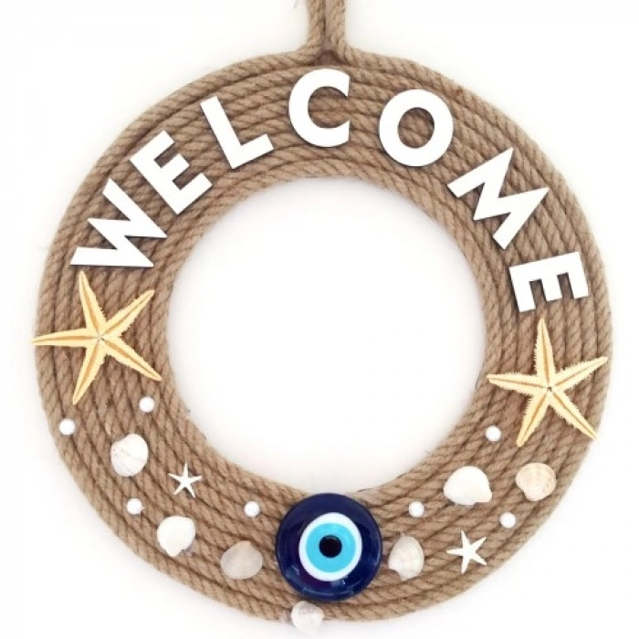 VipMarketim Jüt İpten Deniz Yıldızlı Nazar Boncuklu İncili Deniz Yıldızlı Welcome Yazılı Kapı Süsü