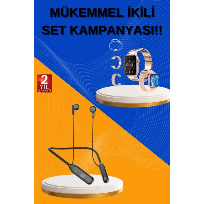 VipMarketim Kablolu Bluetooth Kulaklık ve Kadınlara Özel Bileklik Hediyeli Yeni Nesil Akıllı Saat 3 Kordonlu