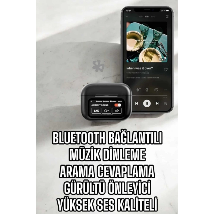 VipMarketim Kablosuz Bluetooth Kulaklık Ekranlı Uzun Şarj Süreli ANC Destekli