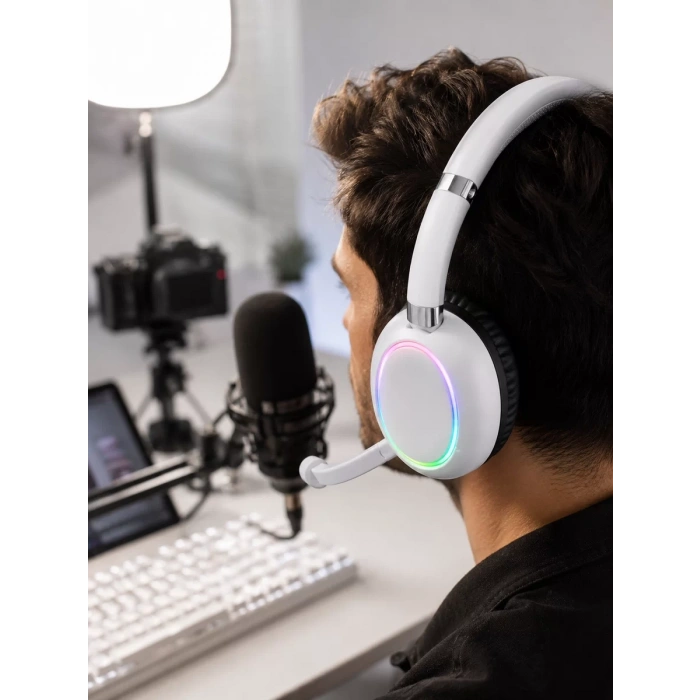 VipMarketim Kablosuz Bluetooth Mikrofonlu Beyaz Kulaklık RGB Işıklı