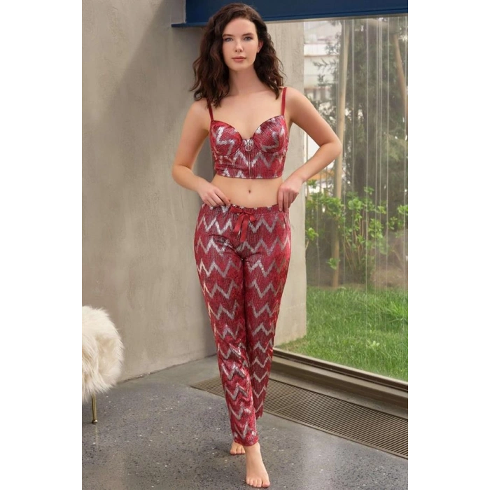VipMarketim  Kadife Balenli Destekli Dolgulu Parlak Baskılı Fermuar Detaylı Büstiyer Ve Pantolon Pijama Takım