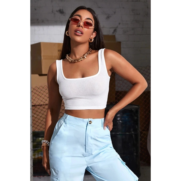 VipMarketim Kadın Beyaz Kalın Askılı Crop Top Büstiyer