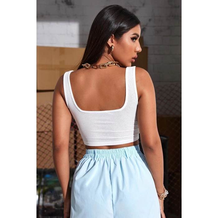 VipMarketim Kadın Beyaz Kalın Askılı Crop Top Büstiyer