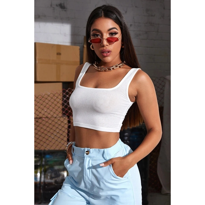 VipMarketim Kadın Beyaz Kalın Askılı Crop Top Büstiyer