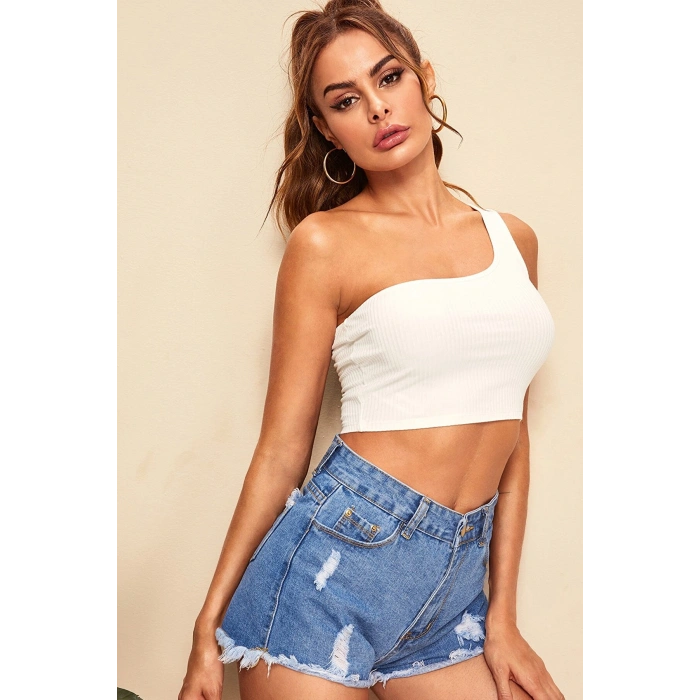 VipMarketim Kadın Beyaz Tek Omuz Crop Büstiyer