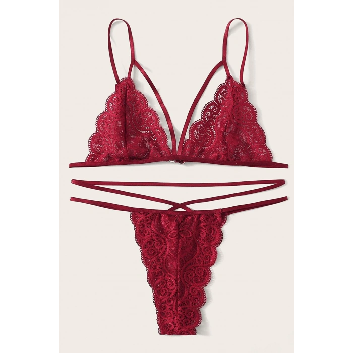 VipMarketim Kadın Bordo Dantel Sütyen Külot Takımı H110346