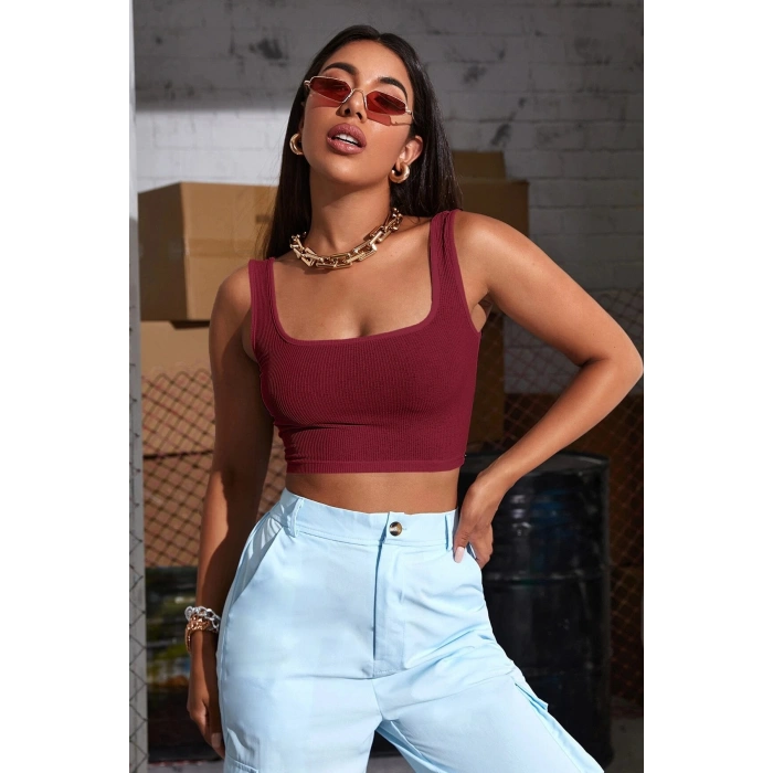 VipMarketim Kadın Bordo Kalın Askılı Crop Top Büstiyer
